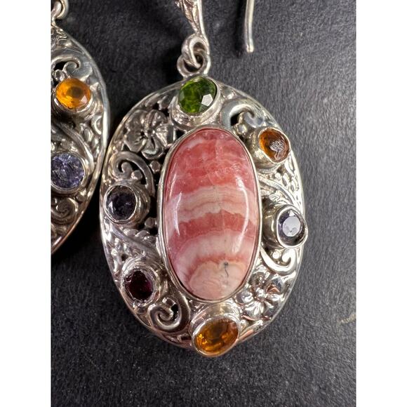 NEW Bali rhodochrosite multi gem sterling silver earrings - Picture 6 of 9